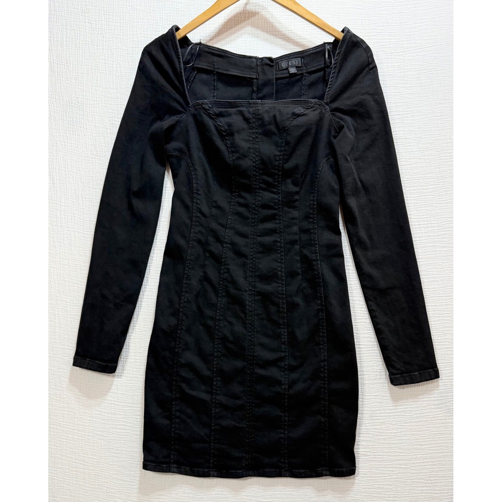 Guess Denim Mini Dress Womens Medium Black Long Sleeve Square Neck Bodycon Goth